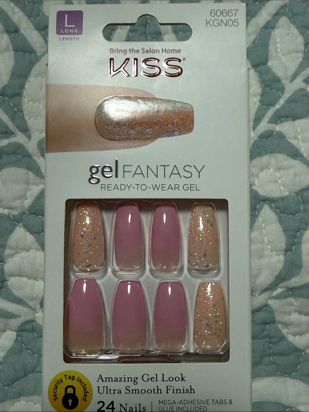 Kiss Gel Fantasy nails, pink ombré/glitter Long Coffin style